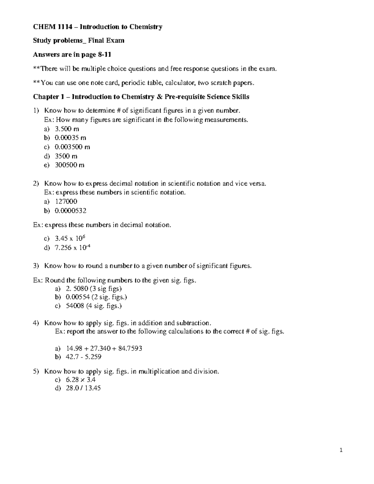 CHEM 1114 – Final Exam Study Problems and Review Guide - Studocu