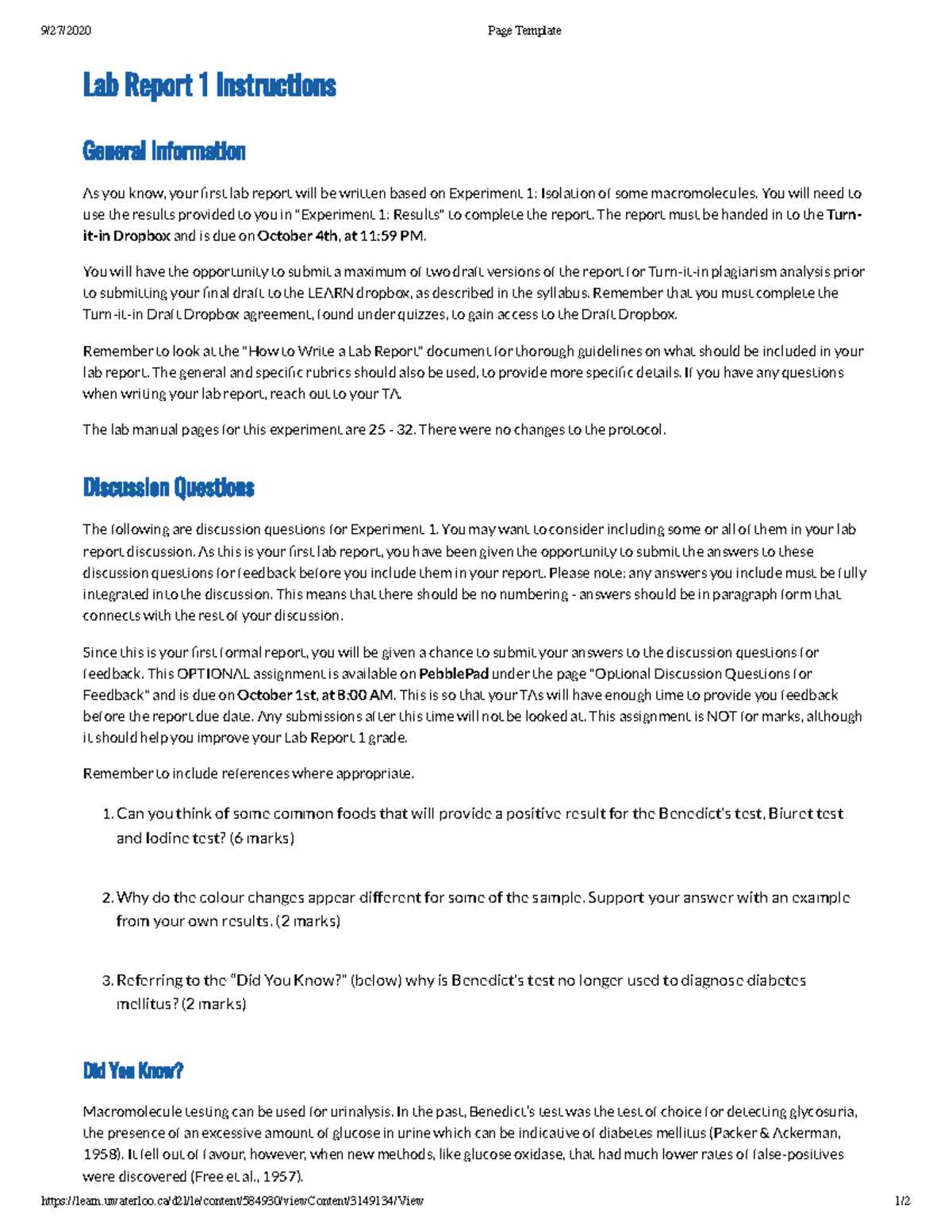 Lab Report 1 Guidelines - BIOL 130L - Fall 2020 - Studocu