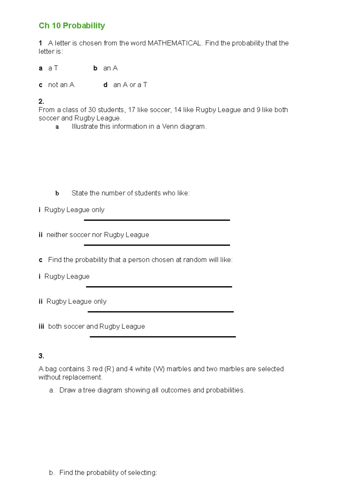 Year 10 Revision - Ch 10 Probability 1 A letter is chosen from the word ...