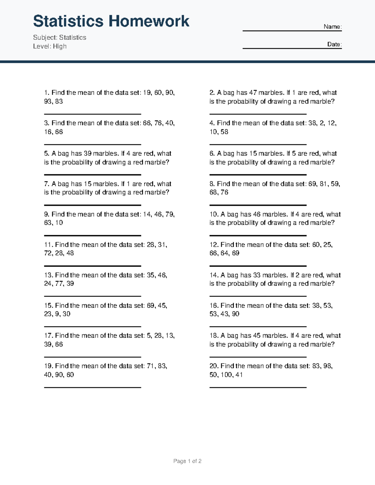 Statistics Homework 3: Mean & Probability Problems - Studocu