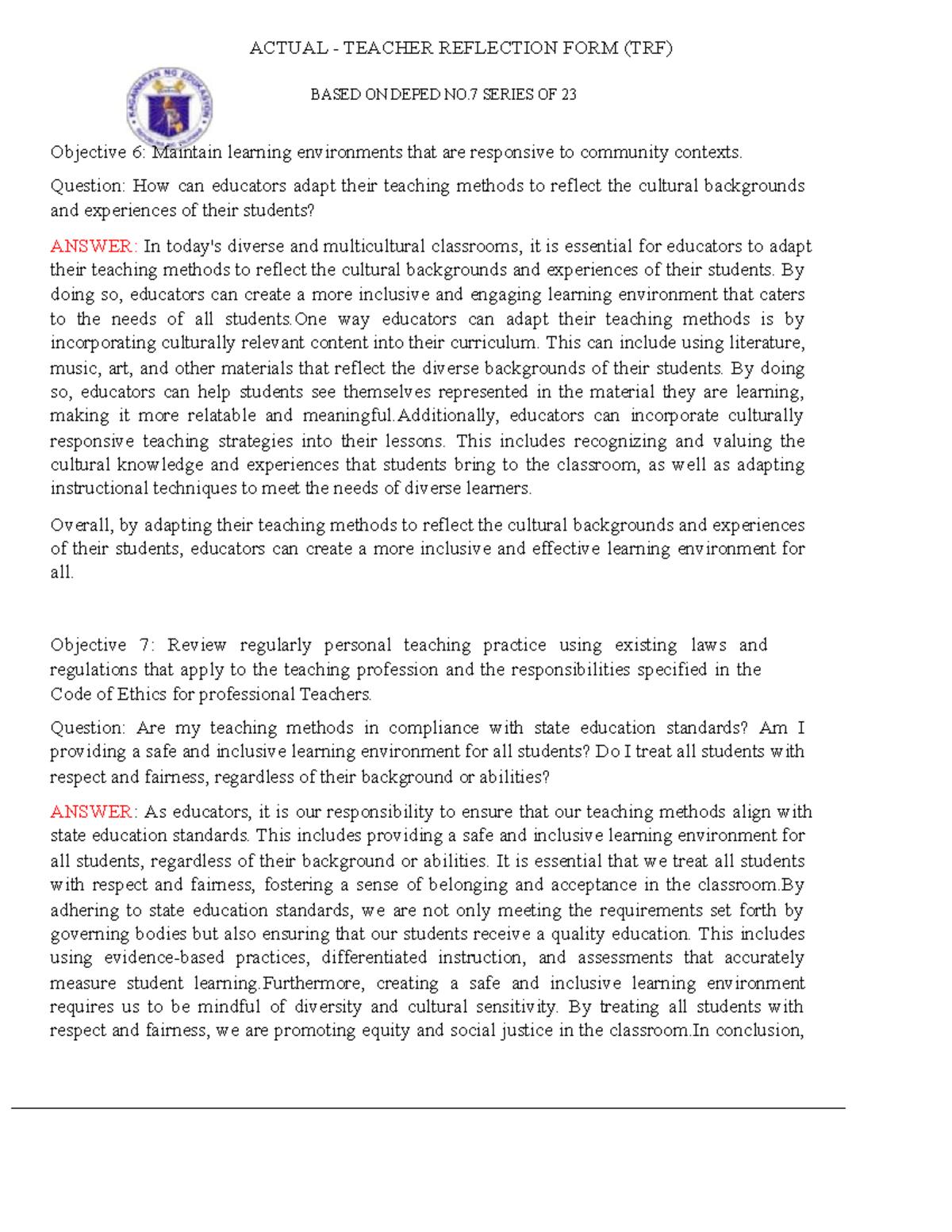 ACTUAL TEACHER REFLECTION FORM (TRF) - DEPED NO.7 SERIES OF 23 - Studocu