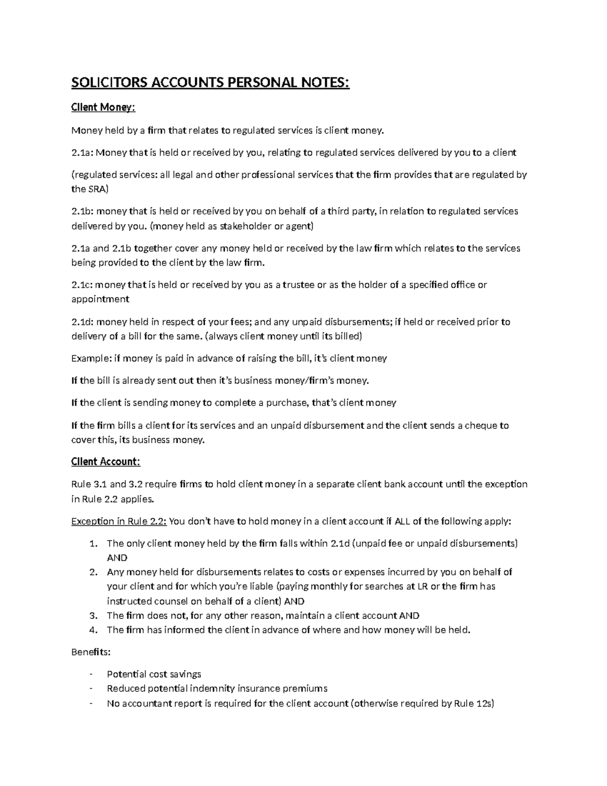 Solicitors Accounts (SA) Personal Notes: Client Money Management ...