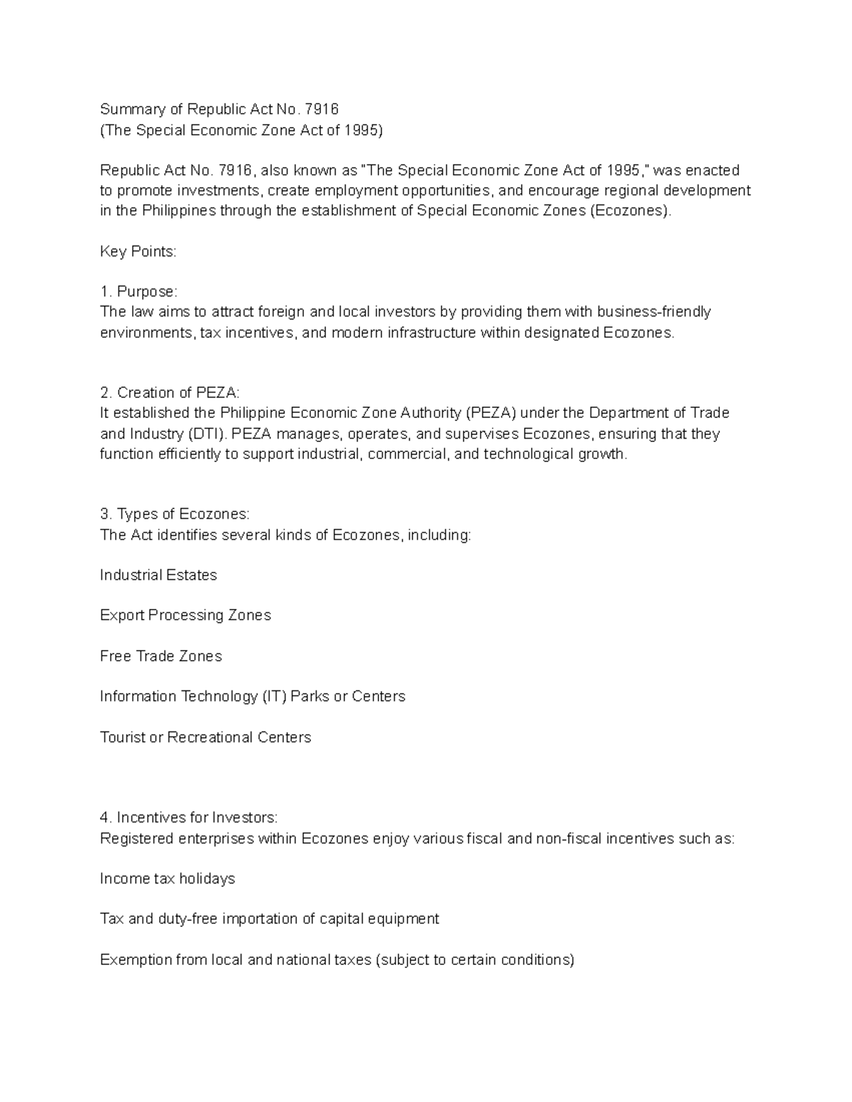 Summary of Republic Act No. 7916: Special Economic Zone Act - Studocu