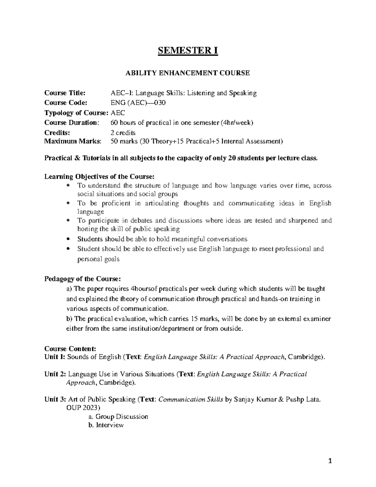 BCom AEC Language Skills: Listening, Speaking, Reading, Writing (2024 ...
