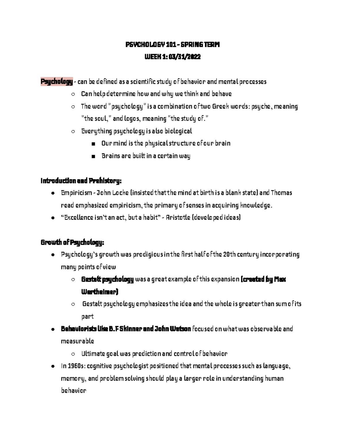 Psychology 101 - Week 1 Notes (Spring Term 2022) - Drexel University ...
