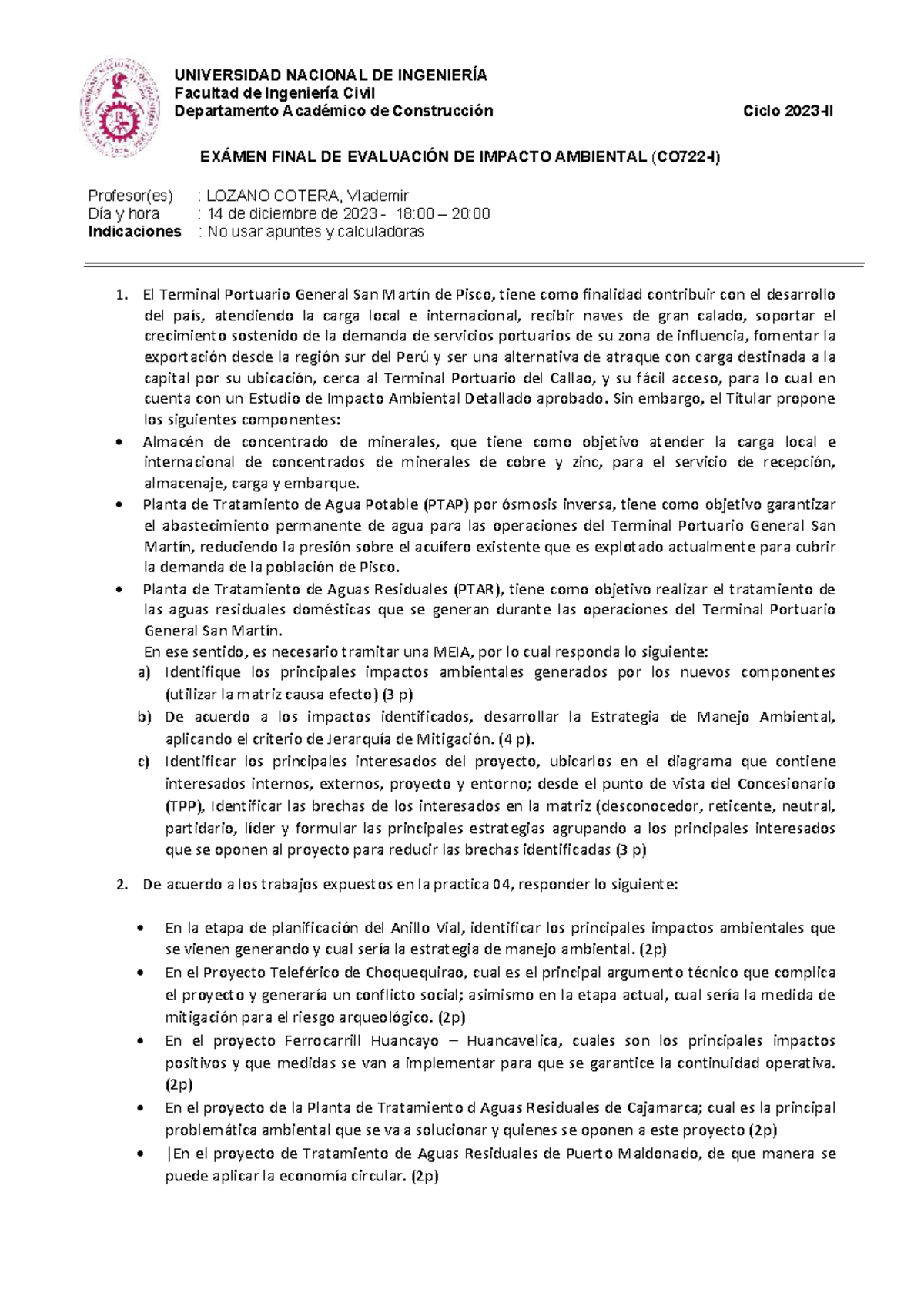 Examen Final CO 722 I: Evaluación de Impacto Ambiental 2023 II - Studocu