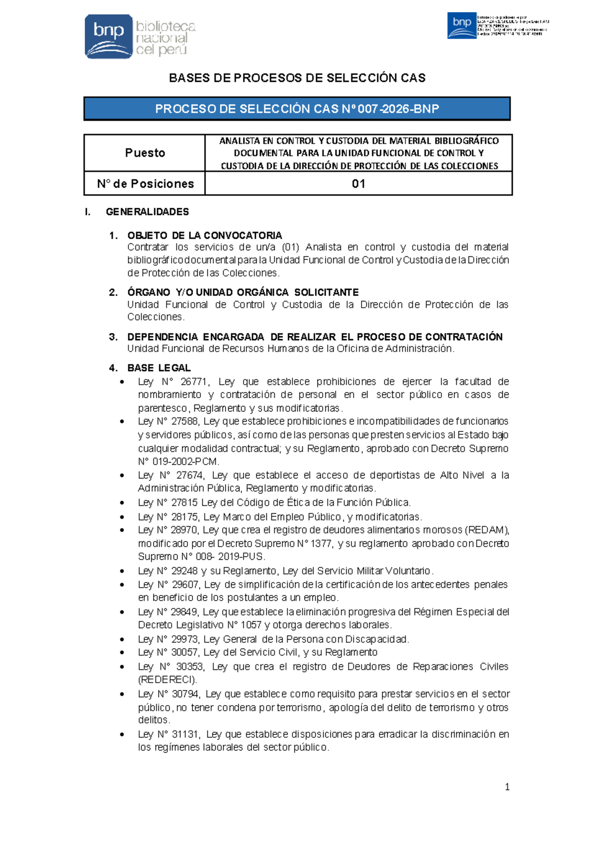 Bases CAS 007-2026-BNP: Proceso de Selección para Analista en Control y ...