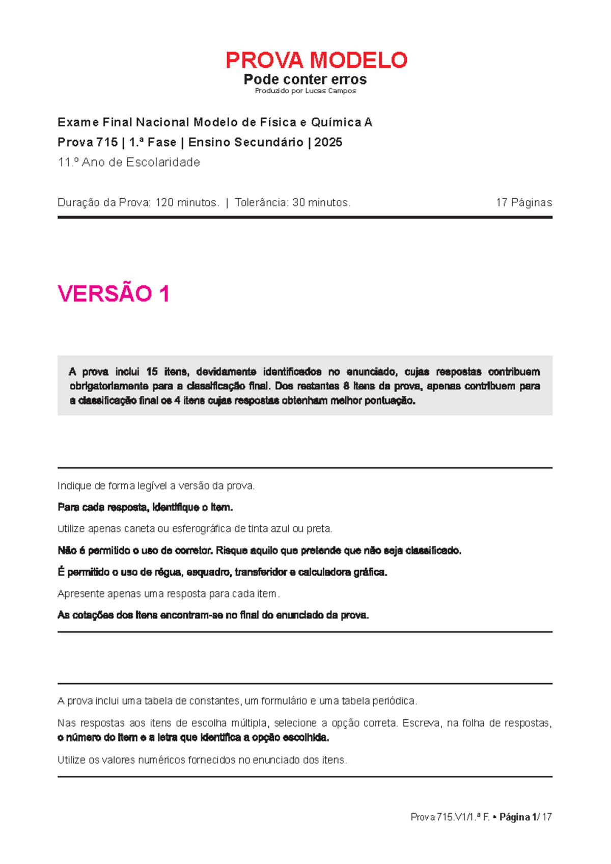 Prova Modelo FQA 2025: Exame Final Nacional de F&iacute;sica e Qu&iacute;mica A - Studocu