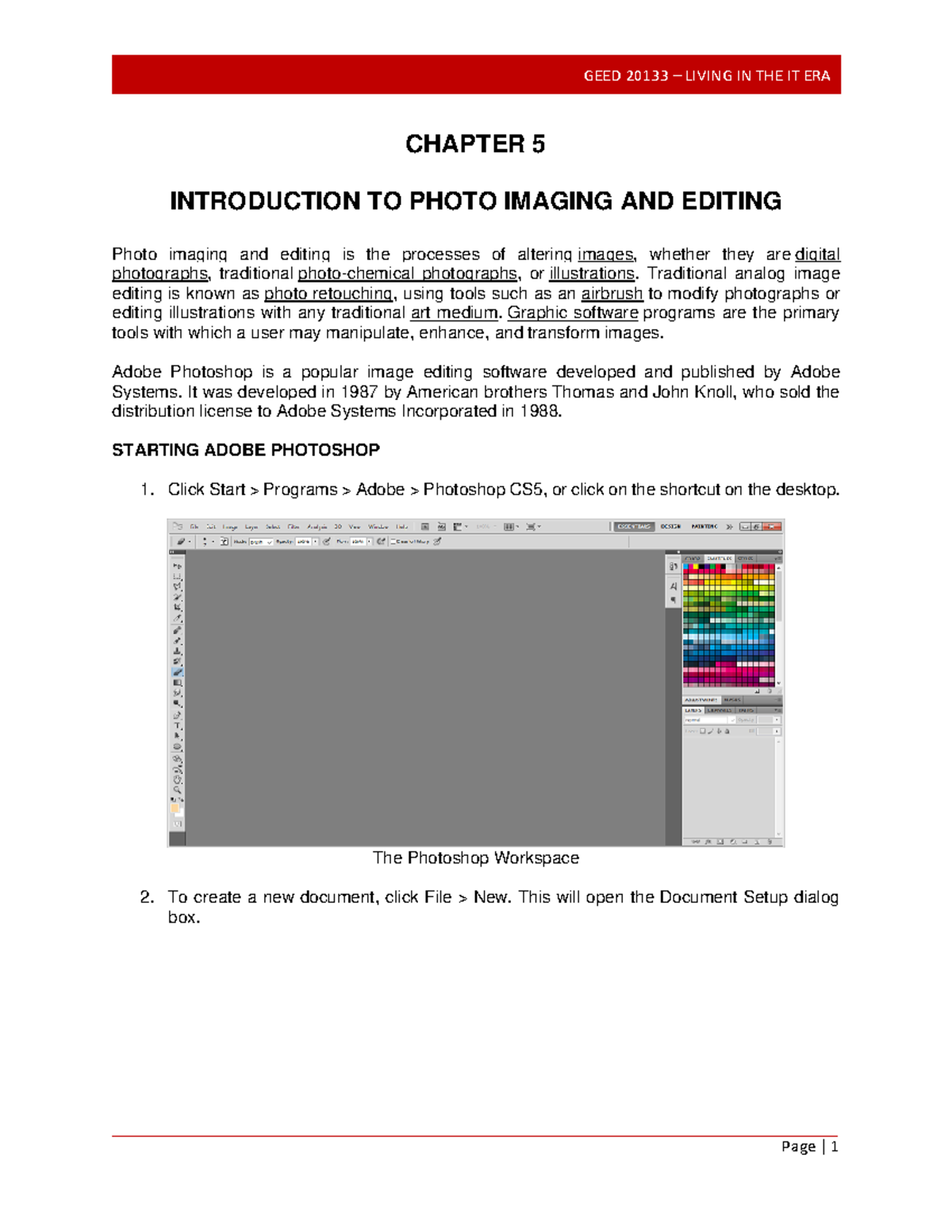 GEED 2013 3 Chapter 5 - Intro to Photo Imaging & Editing Notes - Studocu