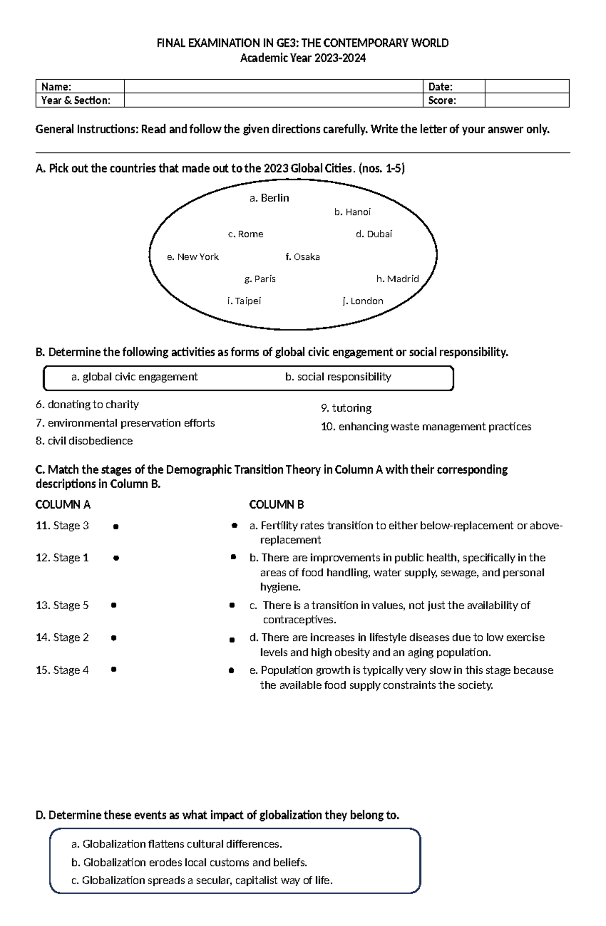 Final Examination IN GE3 - FINAL EXAMINATION IN GE3: THE CONTEMPORARY ...