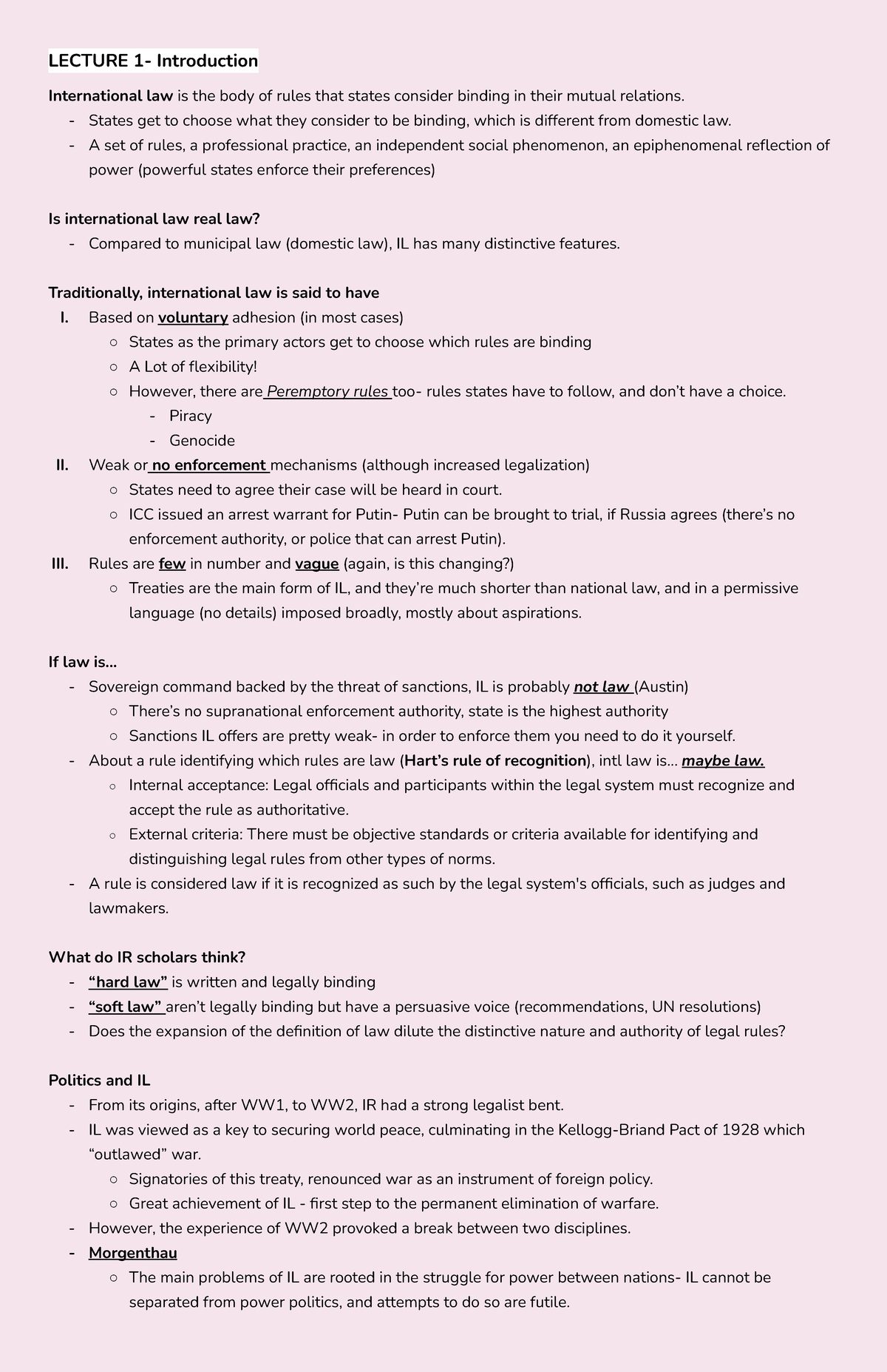 L1 Introduction to International Law Lecture Notes - Key Concepts ...