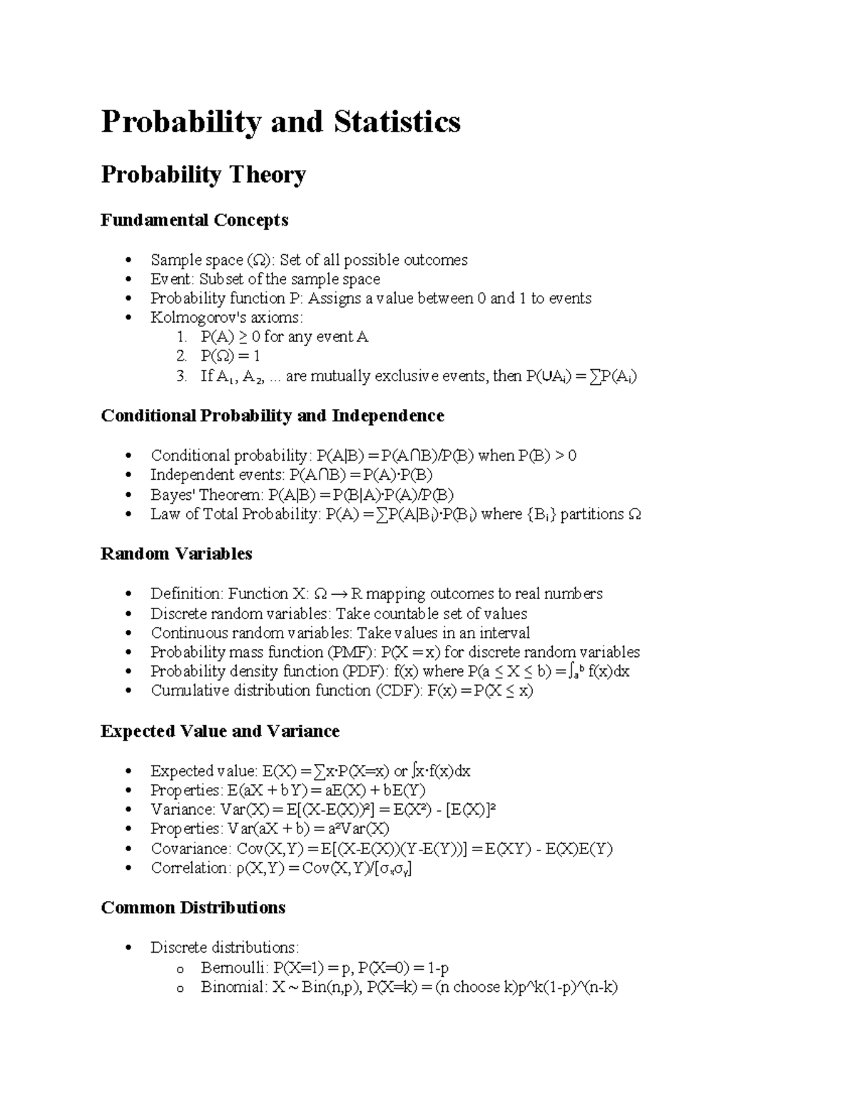 Probability and Statistics Notes: Fundamental Concepts and Key Theorems ...