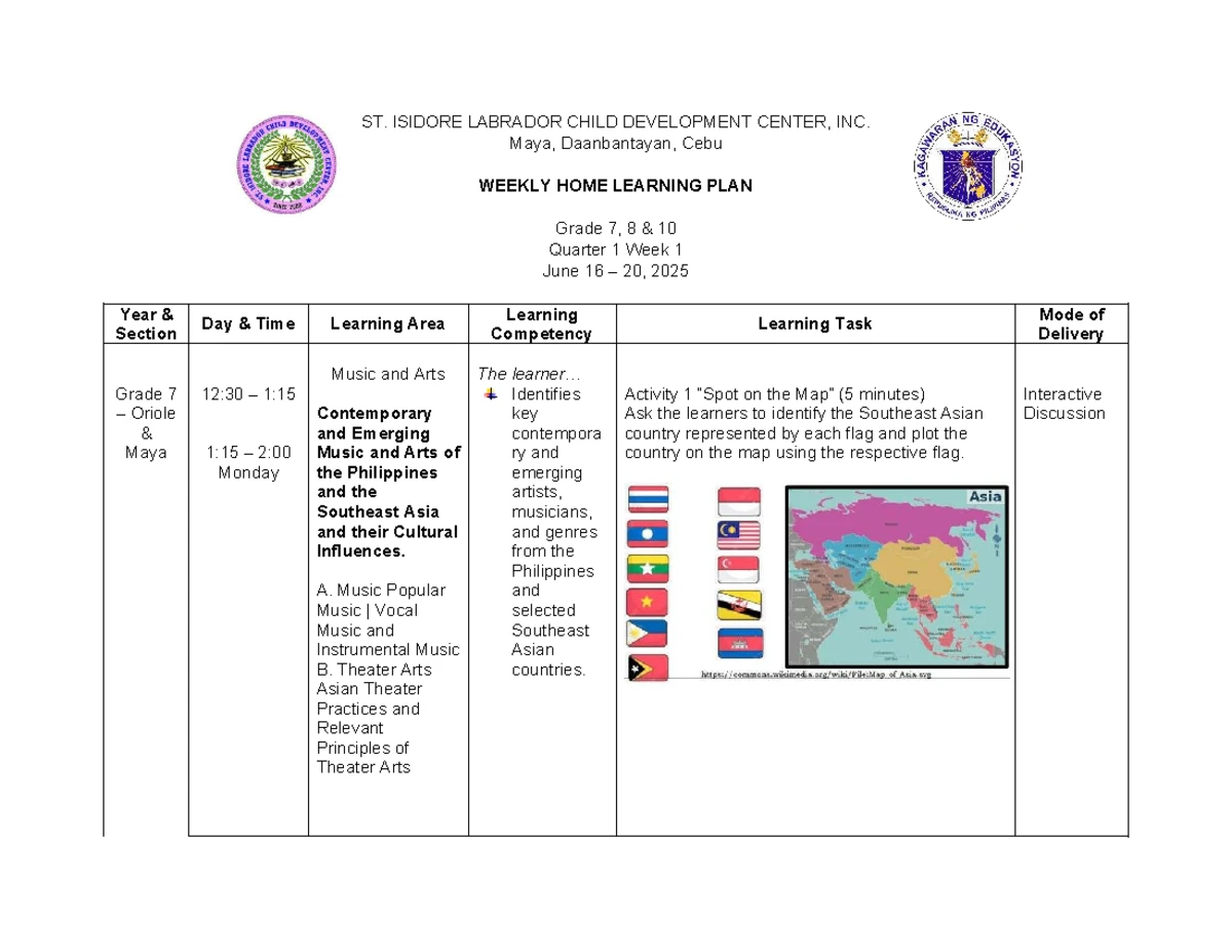 LP Q1-W2: Weekly Home Learning Plan for Grades 7 & 8 (June 23-27, 2025 ...