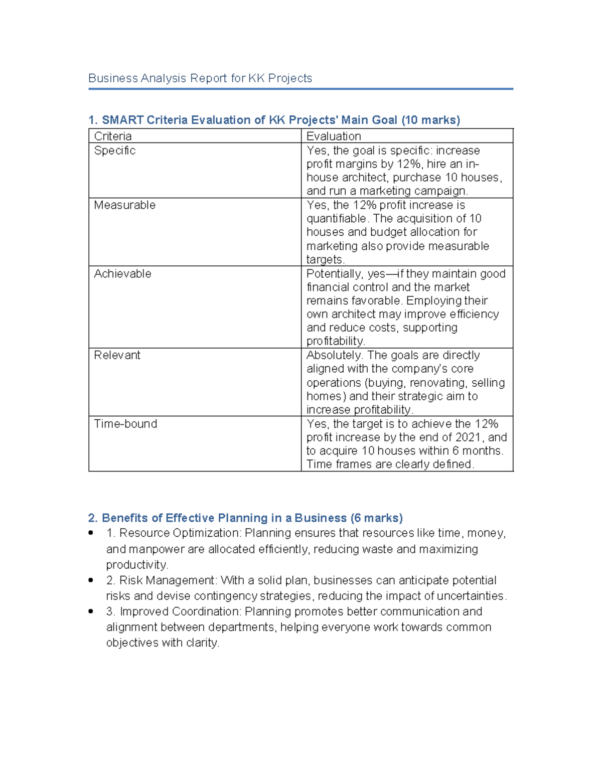 Business Analysis Report for KK Projects: SMART Criteria & Planning ...