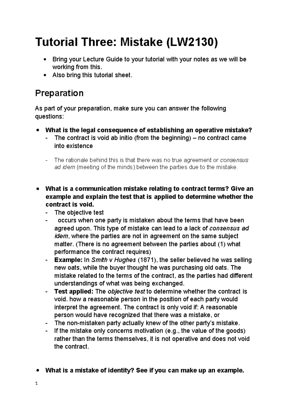 Contract Tutorial 3: Understanding Mistakes in Law (LW2130) - Studocu
