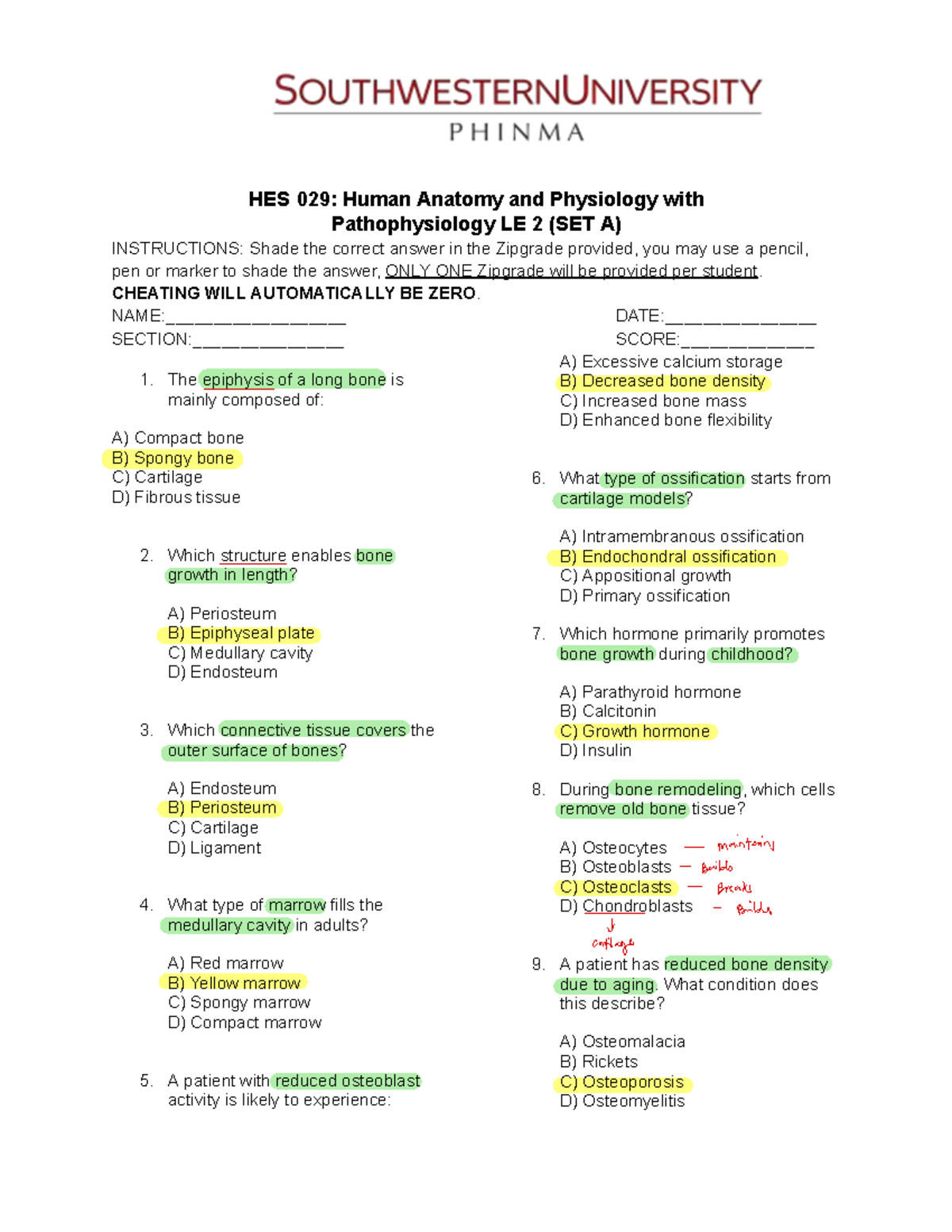 HES 029: Human Anatomy & Physiology LE 2 (SET A) Practical Exam Answers ...