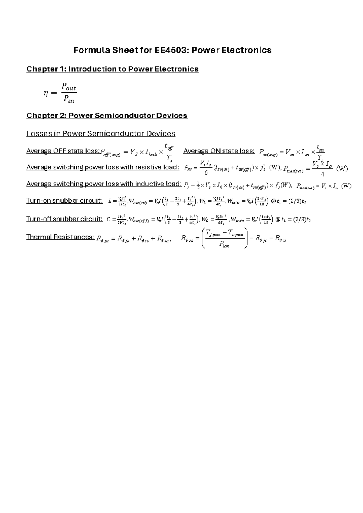 Formula Sheet for EE4503: Power Electronics Quiz 1 - Studocu
