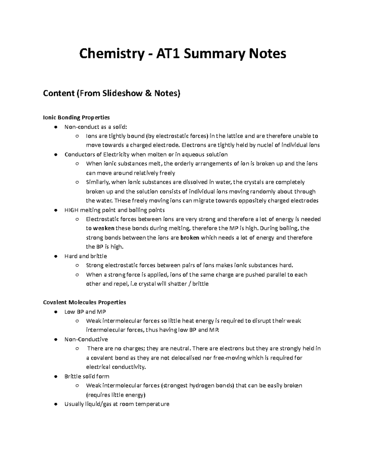 11 Chemistry - AT1 Summary Notes - Chemistry - AT1 Summary Notes ...