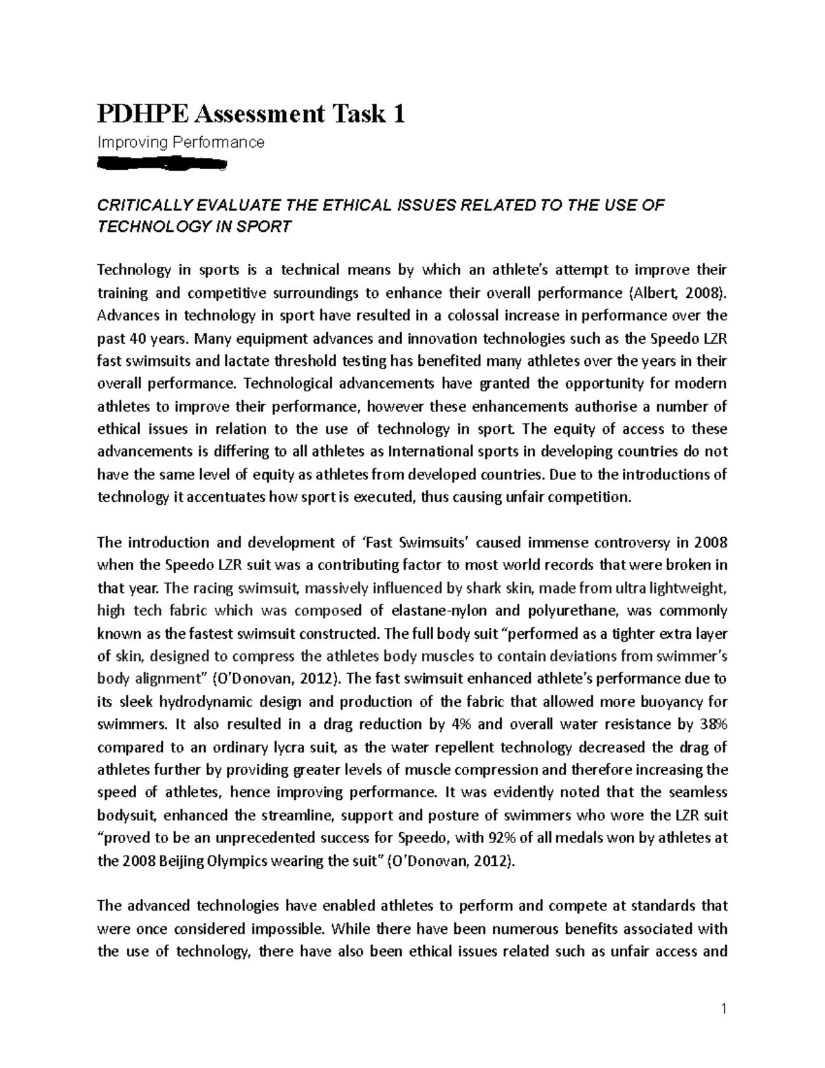 PDHPE Assessment Task 1: Ethical Issues in Sports Technology - Studocu
