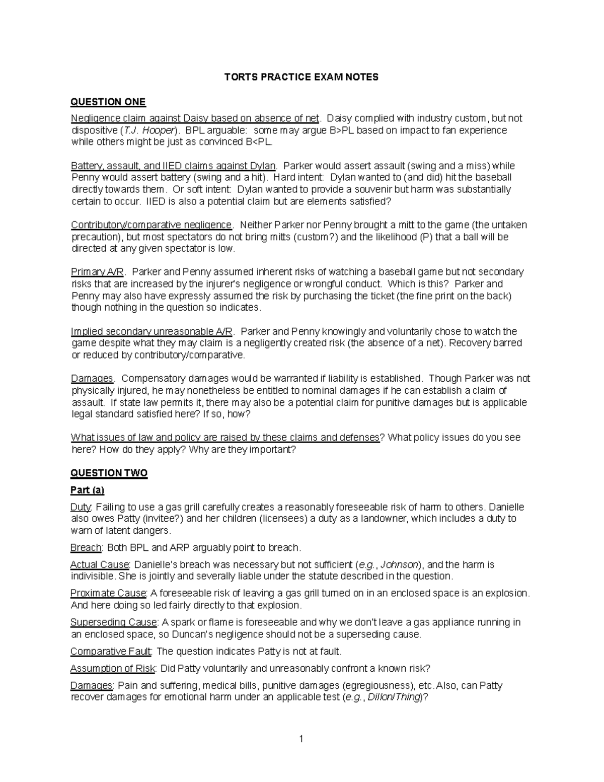 TORTS 2025 PRACTICE EXAM NOTES: NEGLIGENCE & LIABILITY ANALYSIS - Studocu