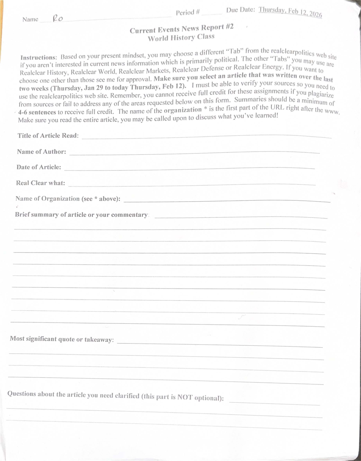 World History Class Current Events News Report Instructions - Studocu