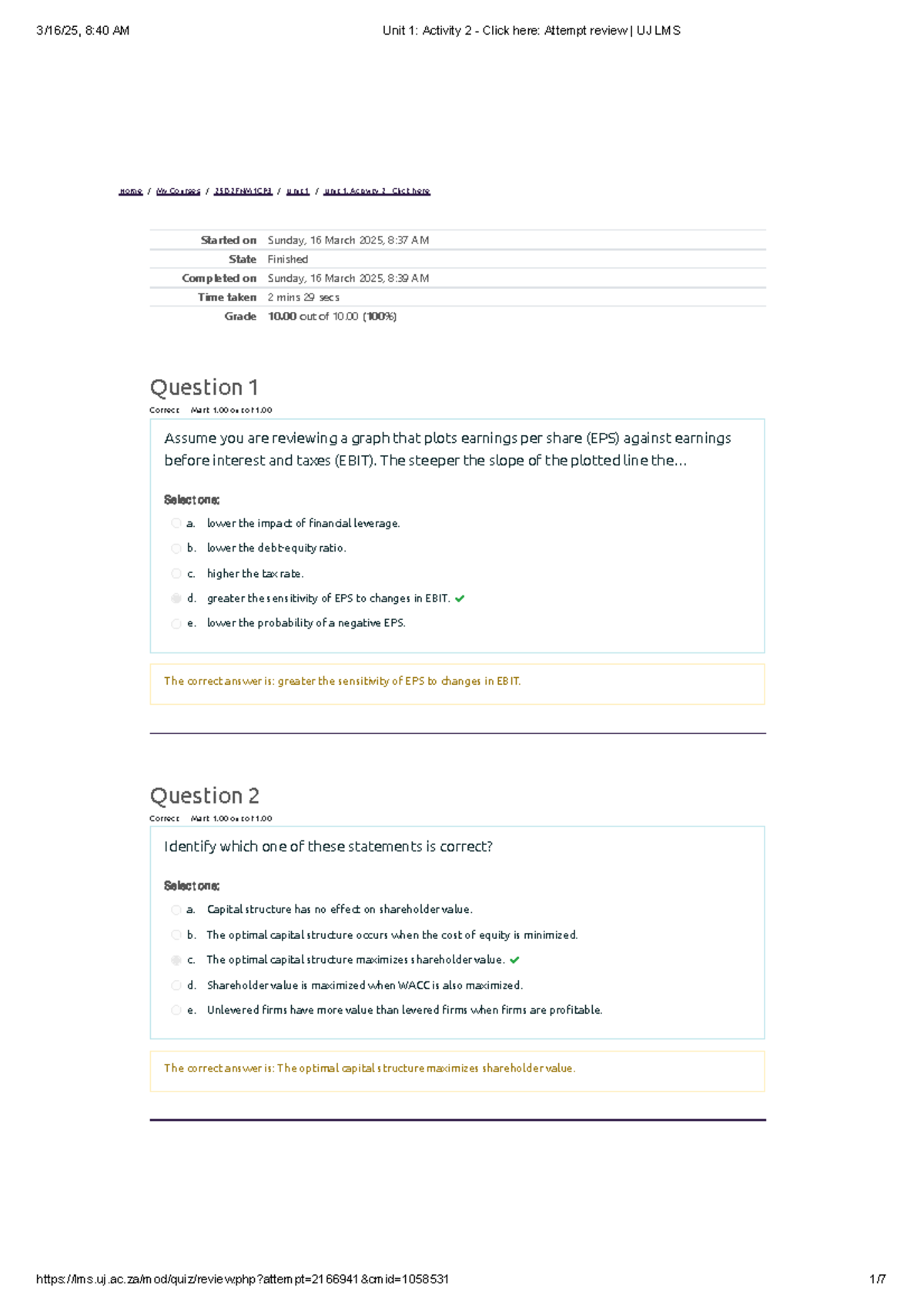 Unit 1 Activity 2 - Click here Attempt review UJ LMS - Home / My ...