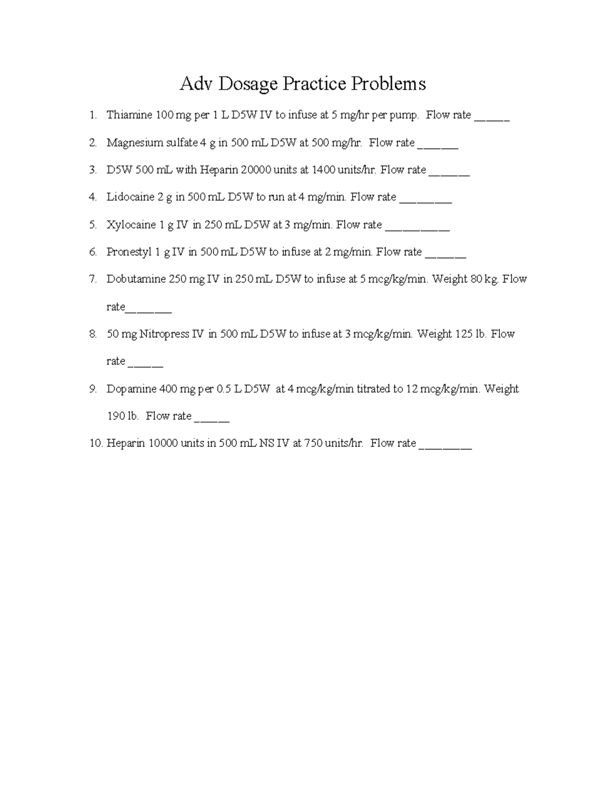 Adv Dosage Practice Problems: IV Infusion Rates and Calculations - Studocu