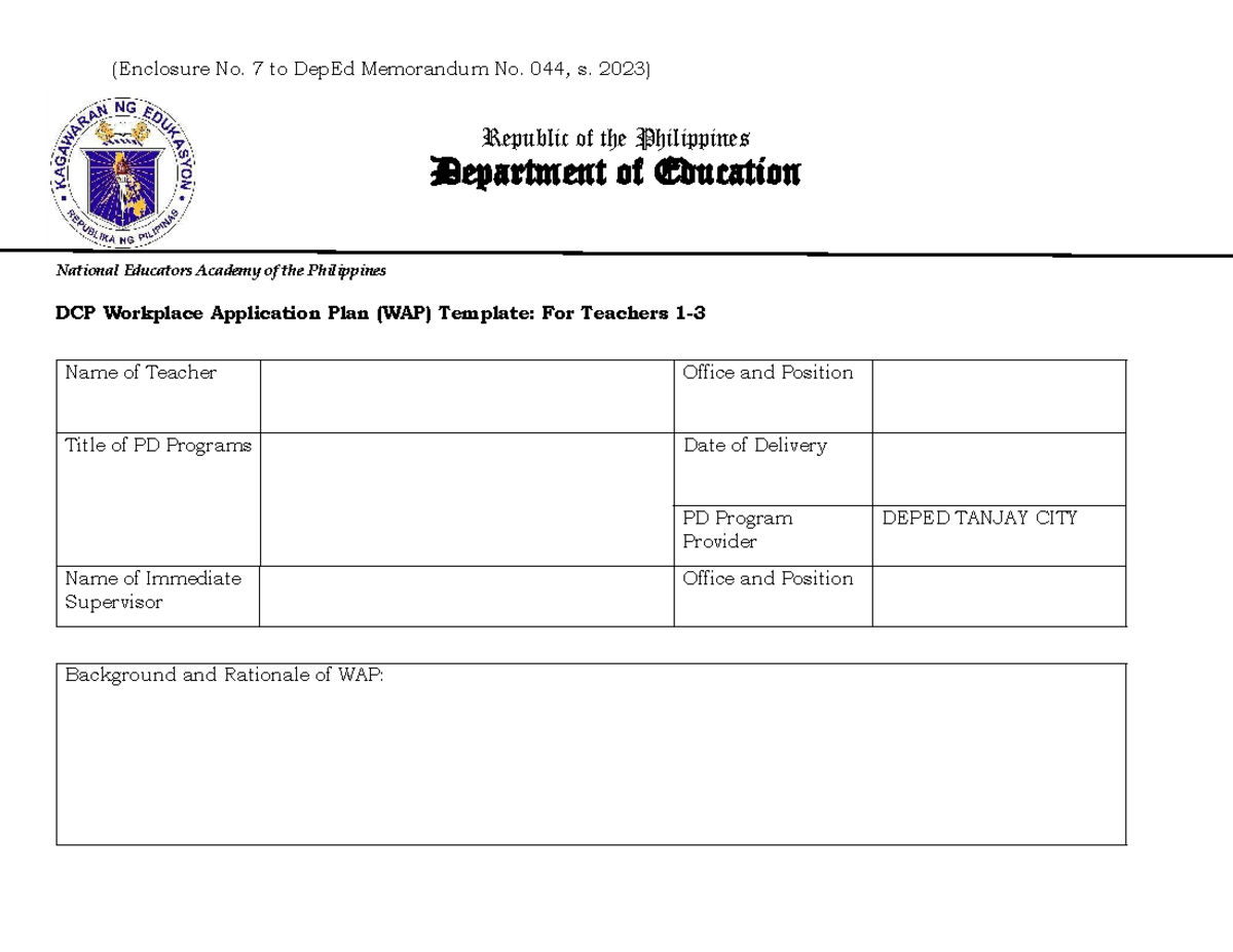 WAP Template for Teachers - DepEd Memorandum No. 044, s. 2023 - Studocu