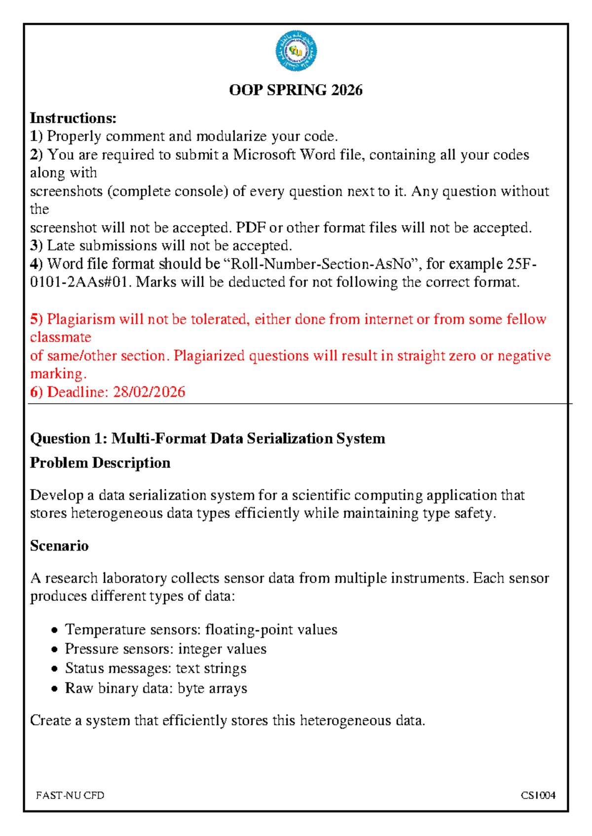 OOP CS1004 Assignment 2: Data Serialization & Message Storage Systems ...