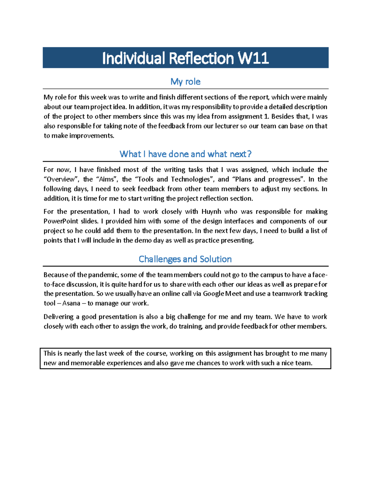 W11 Individual Reflection: Team Project Progress & Challenges - Studocu