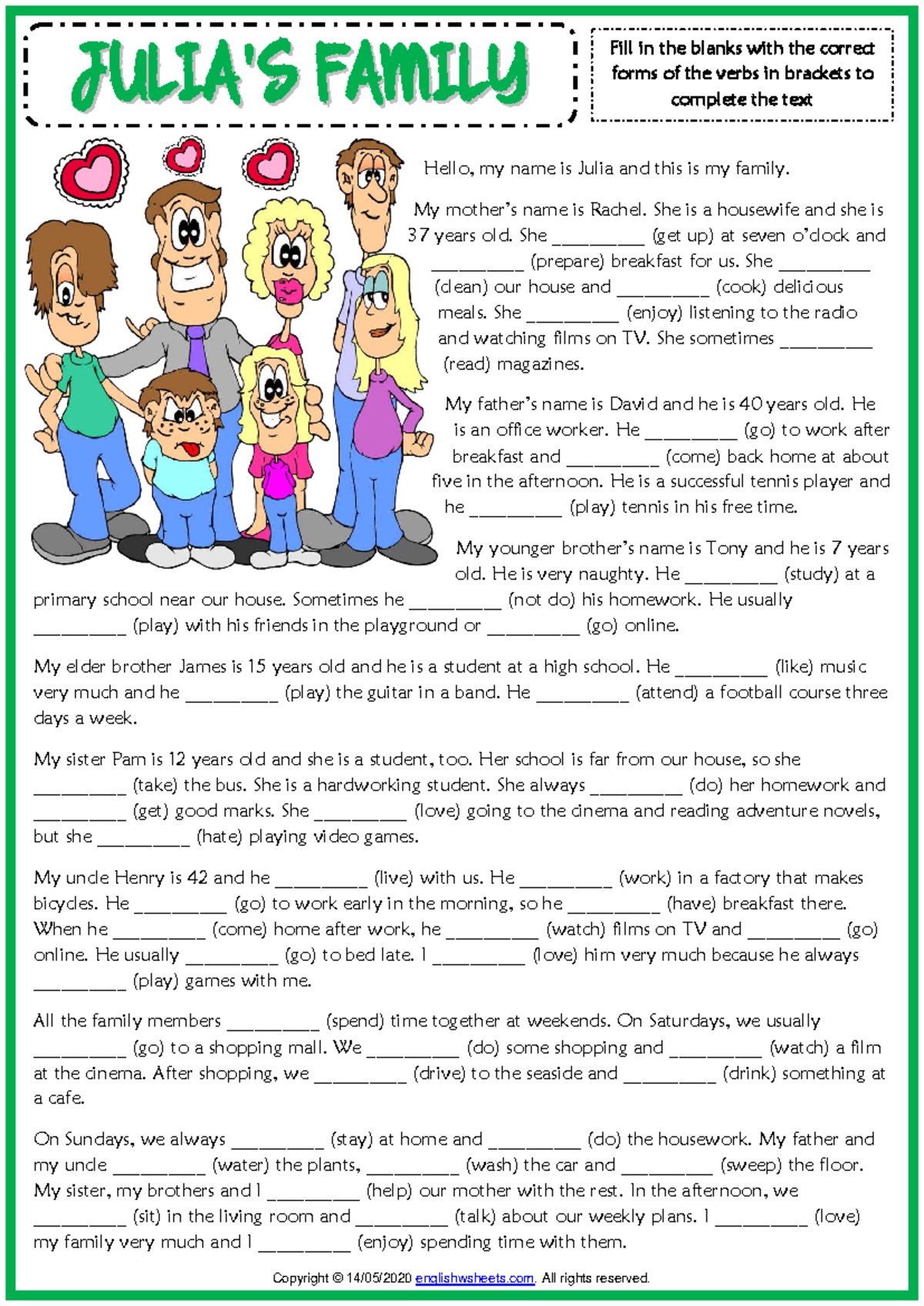 Present Simple Exercise 2: Family Verb Forms Completion - Studocu