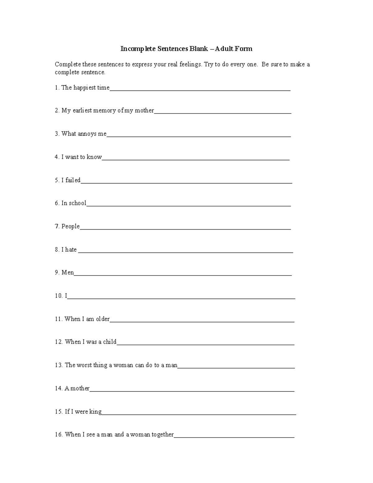 Incomplete Sentences Blank - Adult Form Exercise - Studocu