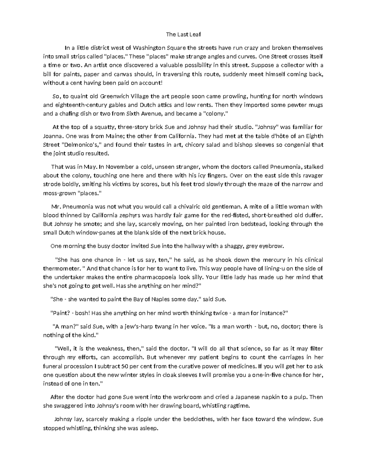 The Last Leaf - Analysis and Study Notes for Eng 101 - Studocu
