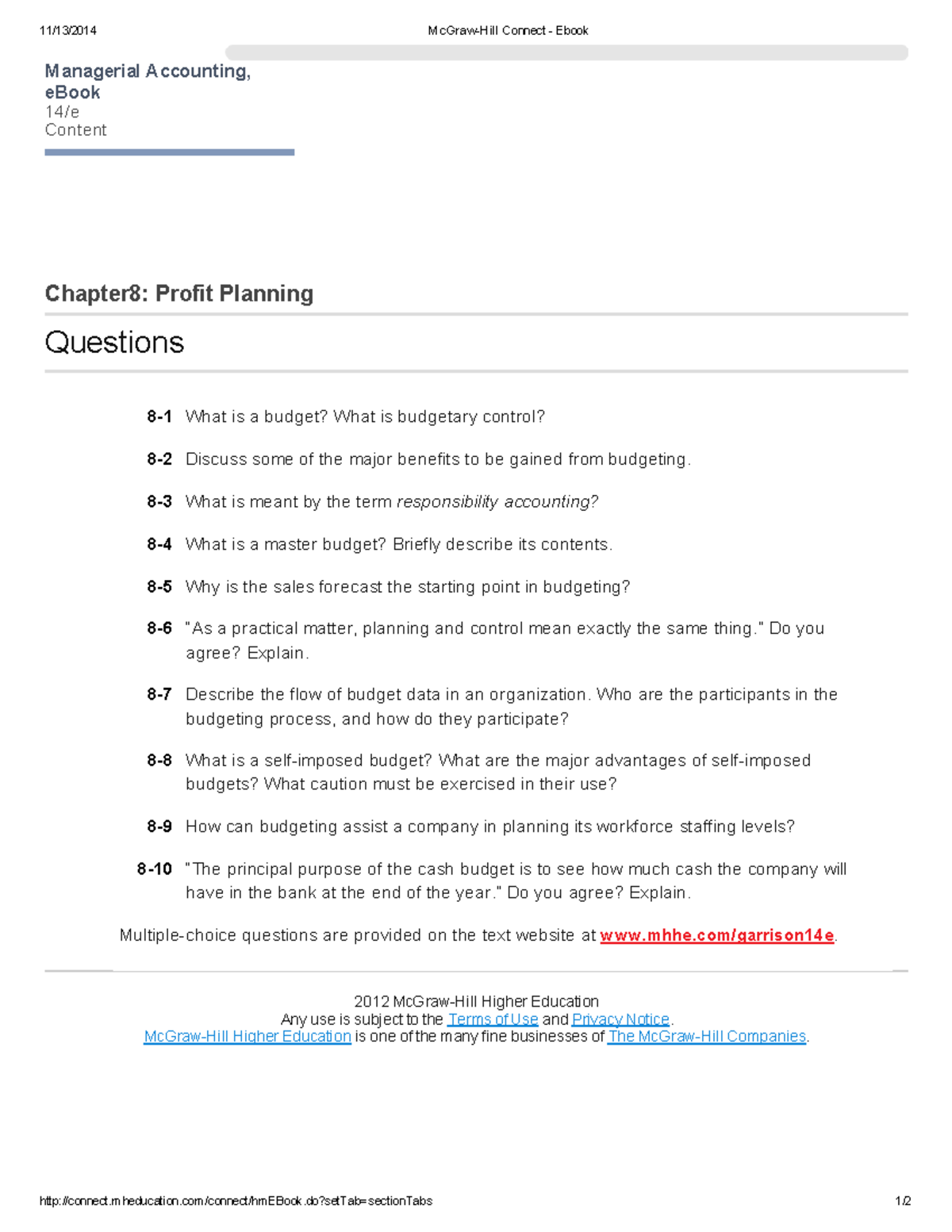 Chapter 8 Questions - Managerial Accounting - Final Exam Notes - Studocu