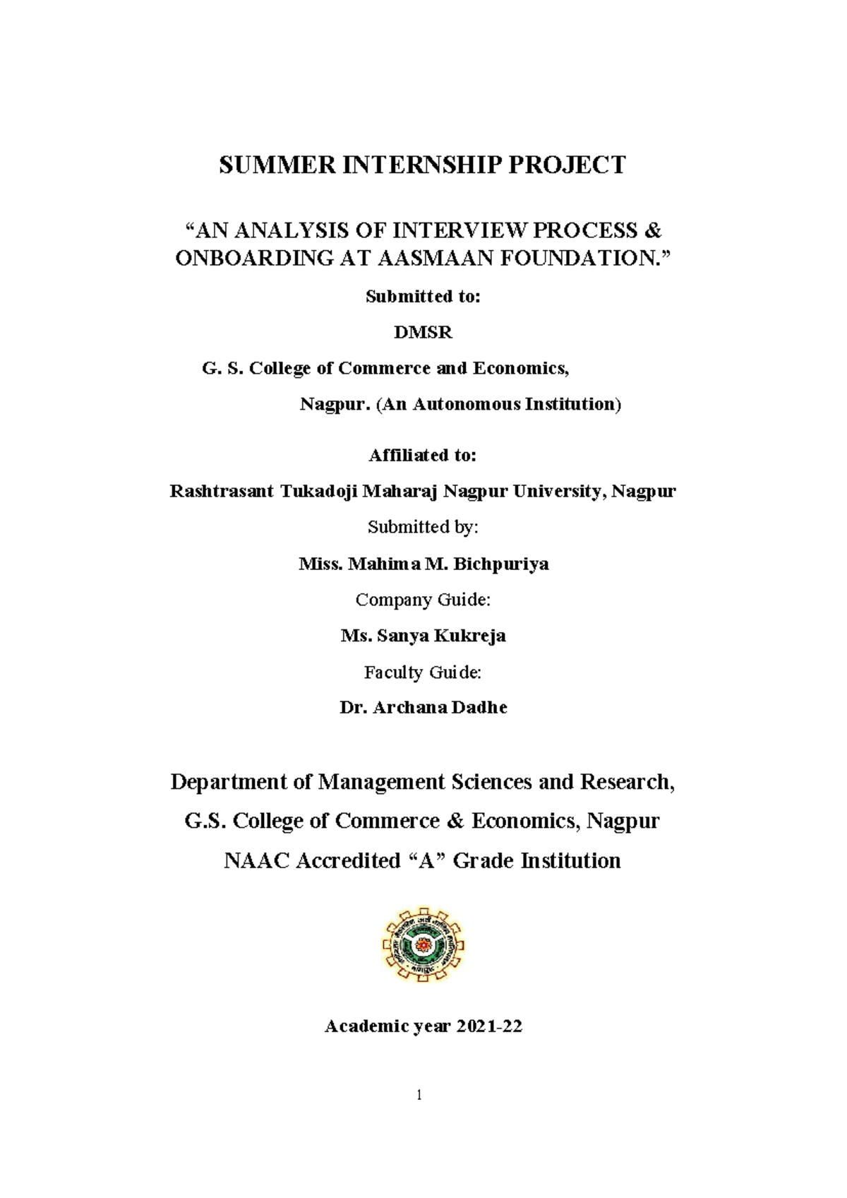 Summer Training Report - SUMMER INTERNSHIP PROJECT “AN ANALYSIS OF ...