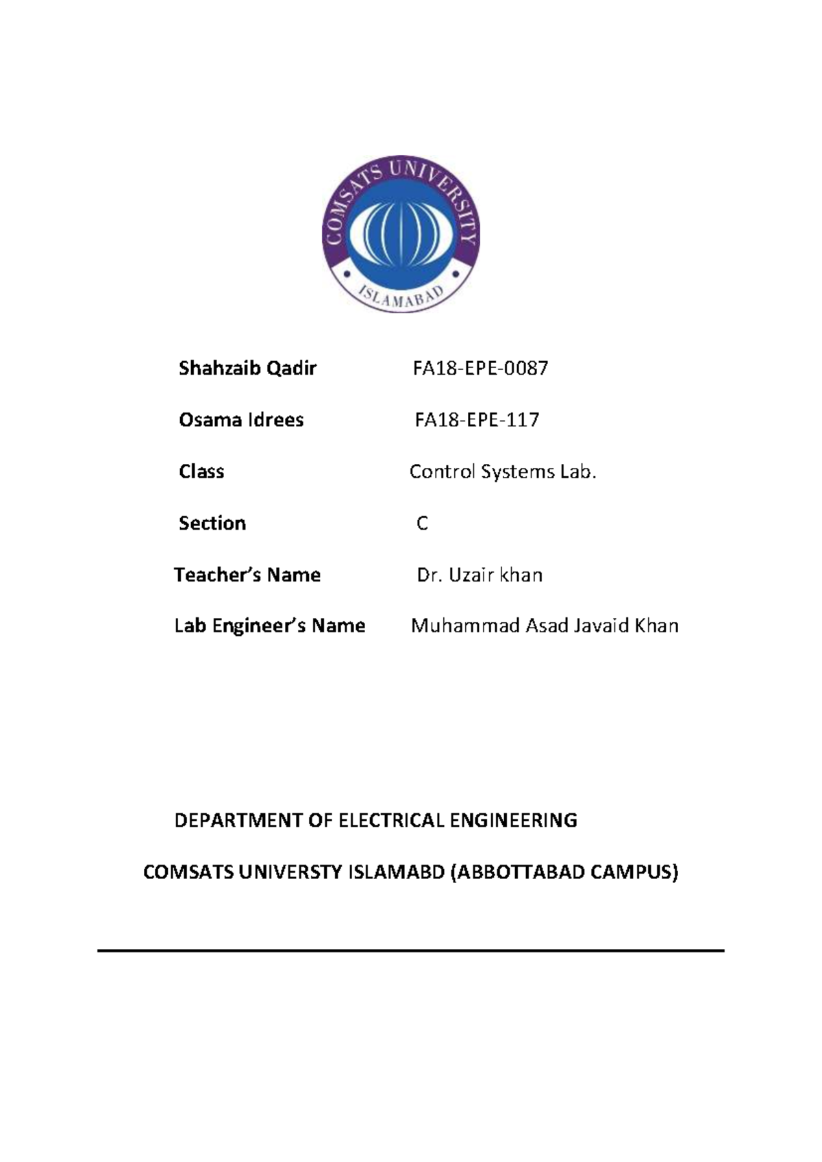 Control Lab 4 - Shahzaib Qadir FA18-EPE- Osama Idrees FA18-EPE- Class ...