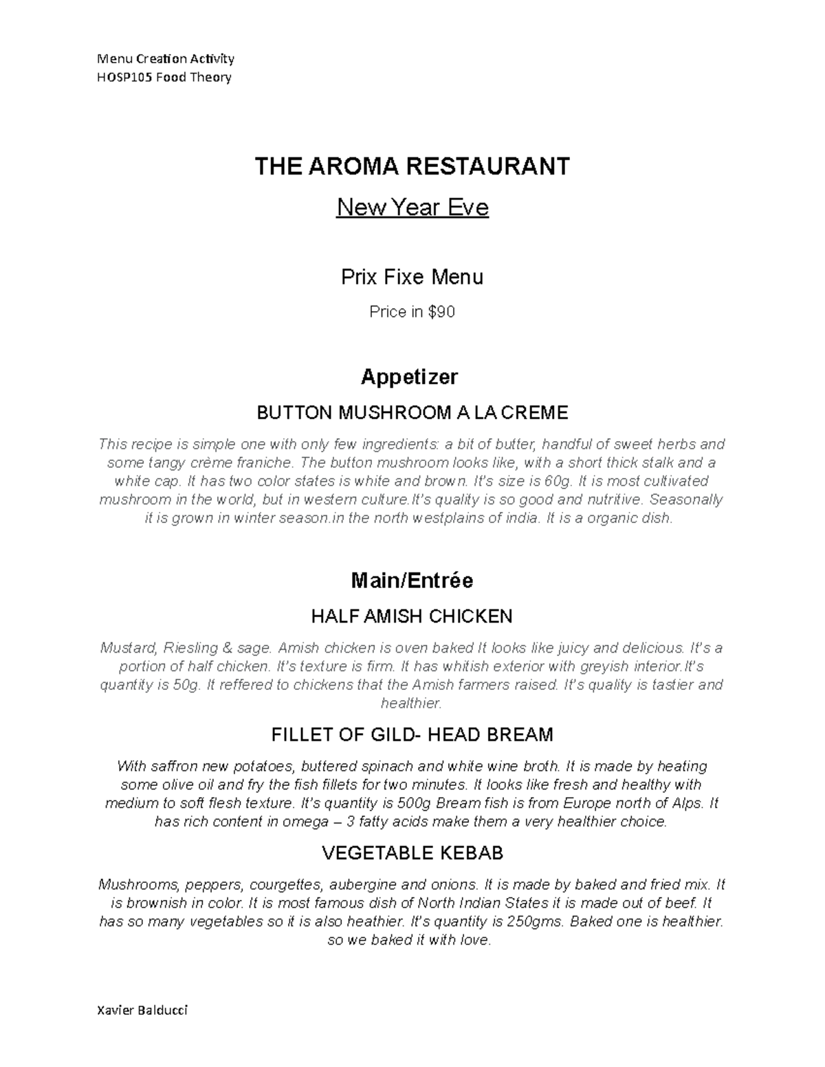 Menu Creation Activity - Menu Creation Activity HOSP105 Food Theory THE ...