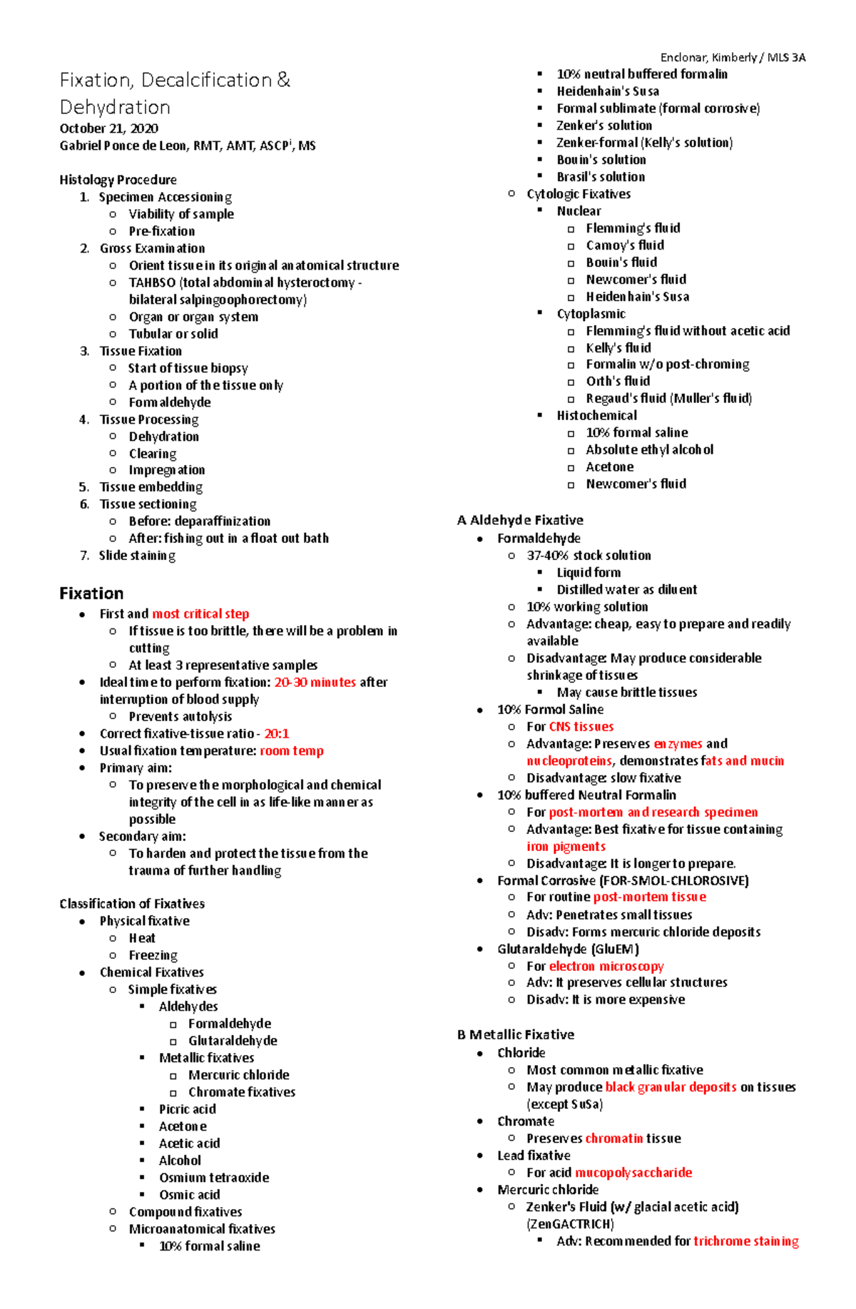 Fixation Decalcification Dehydration summary note - Enclonar, Kimberly ...
