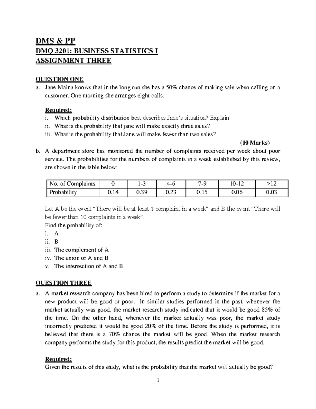 DMQ 3201: Business Statistics I Assignment 3 Analysis and Solutions ...