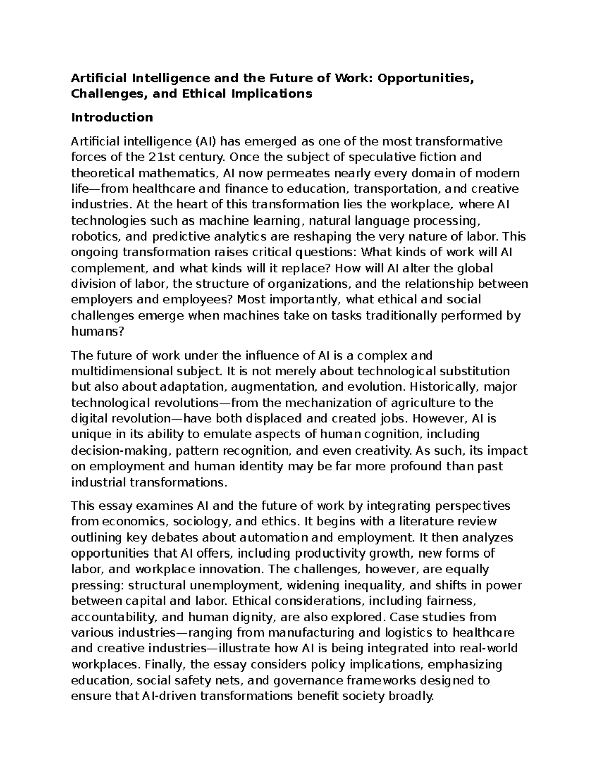 AI and the Future of Work: Opportunities, Challenges, and Ethics - Studocu