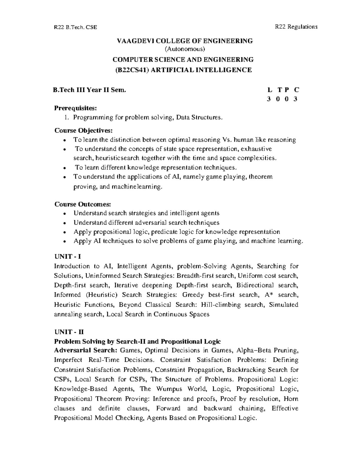 AI 3cse syllubus - academic purpose - R22 B. CSE Syllabus R22 ...
