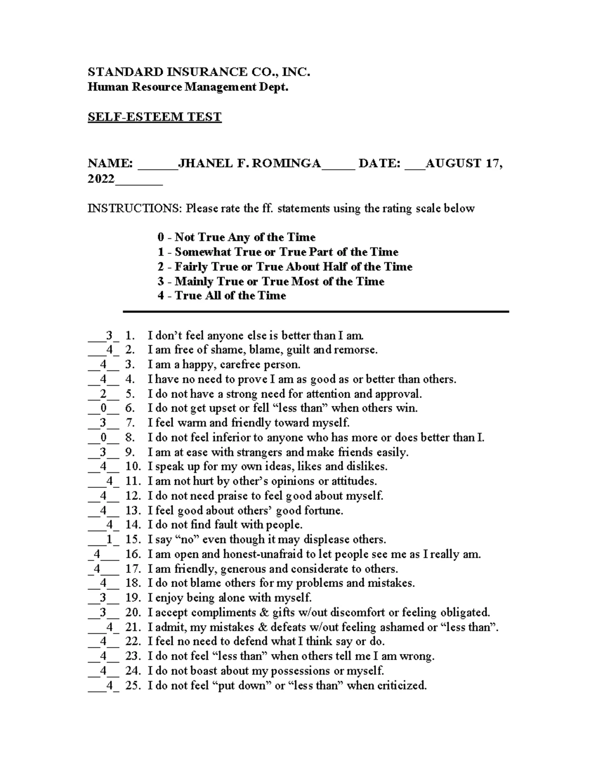 Self-Esteem Test Results - HRM 2022 - Jhanel F. Rominga PDF - Studocu