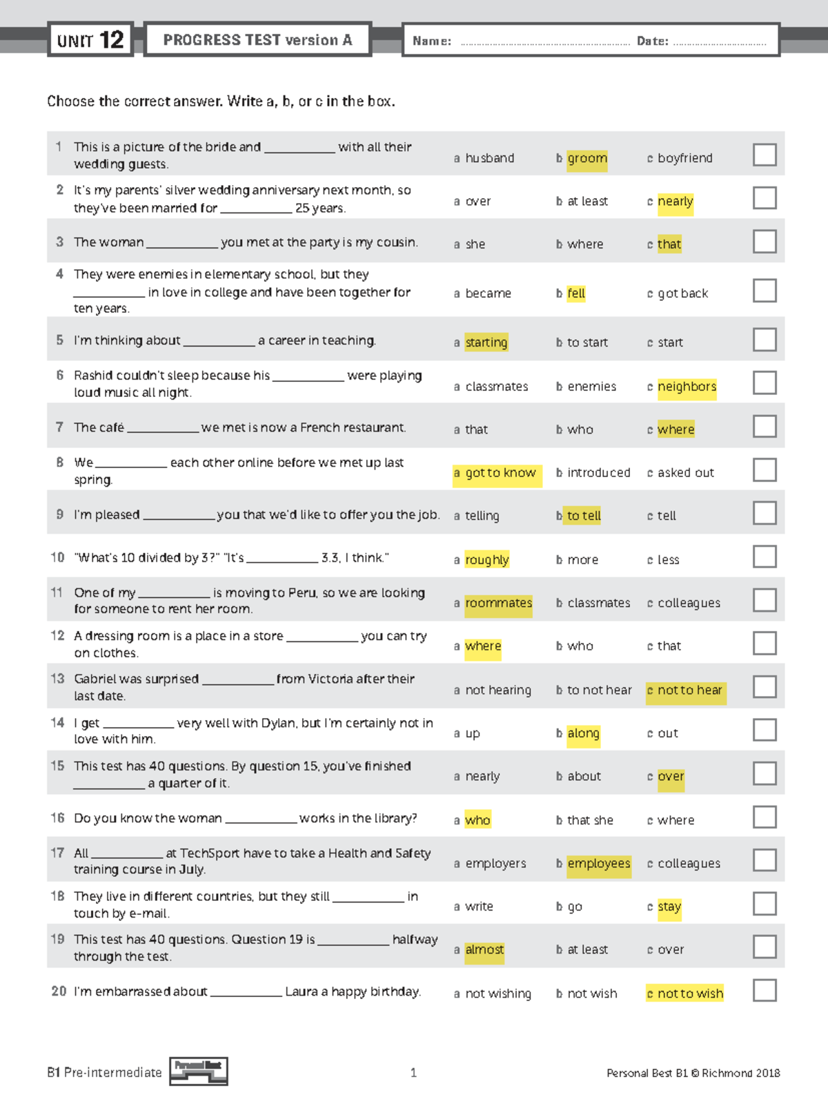 PB Am E B1 Unit Test U12: Progress Test Version A - Studocu