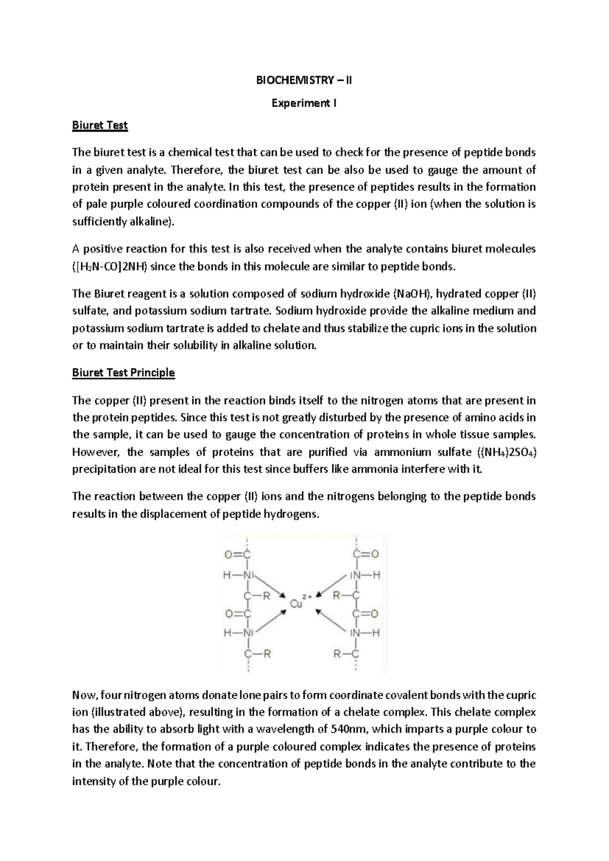 Biochemistry II: Experiment I - Biuret Test for Protein Detection - Studocu