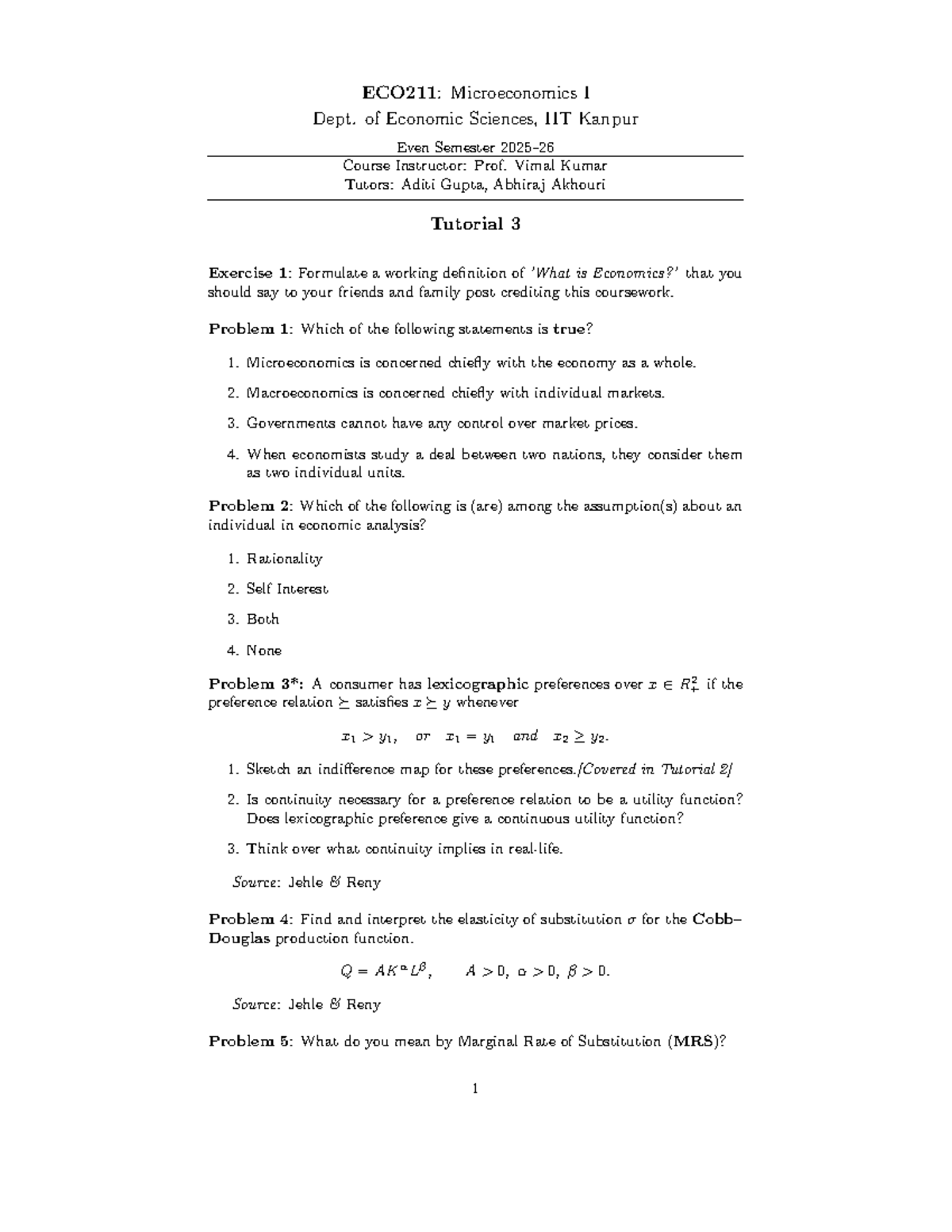 ECO211: Microeconomics I - Tutorial 3 Exercises and Problems - Studocu
