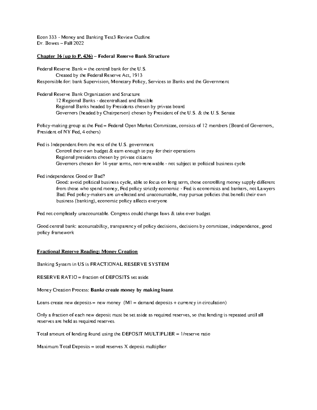 Econ 333 Test 3 Review: Money & Banking Outline for Fall 2022 - Studocu