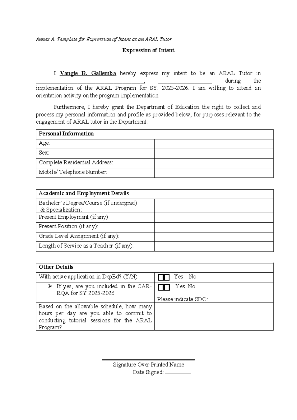 Annex A: Expression of Intent for ARAL Tutor Application - Studocu