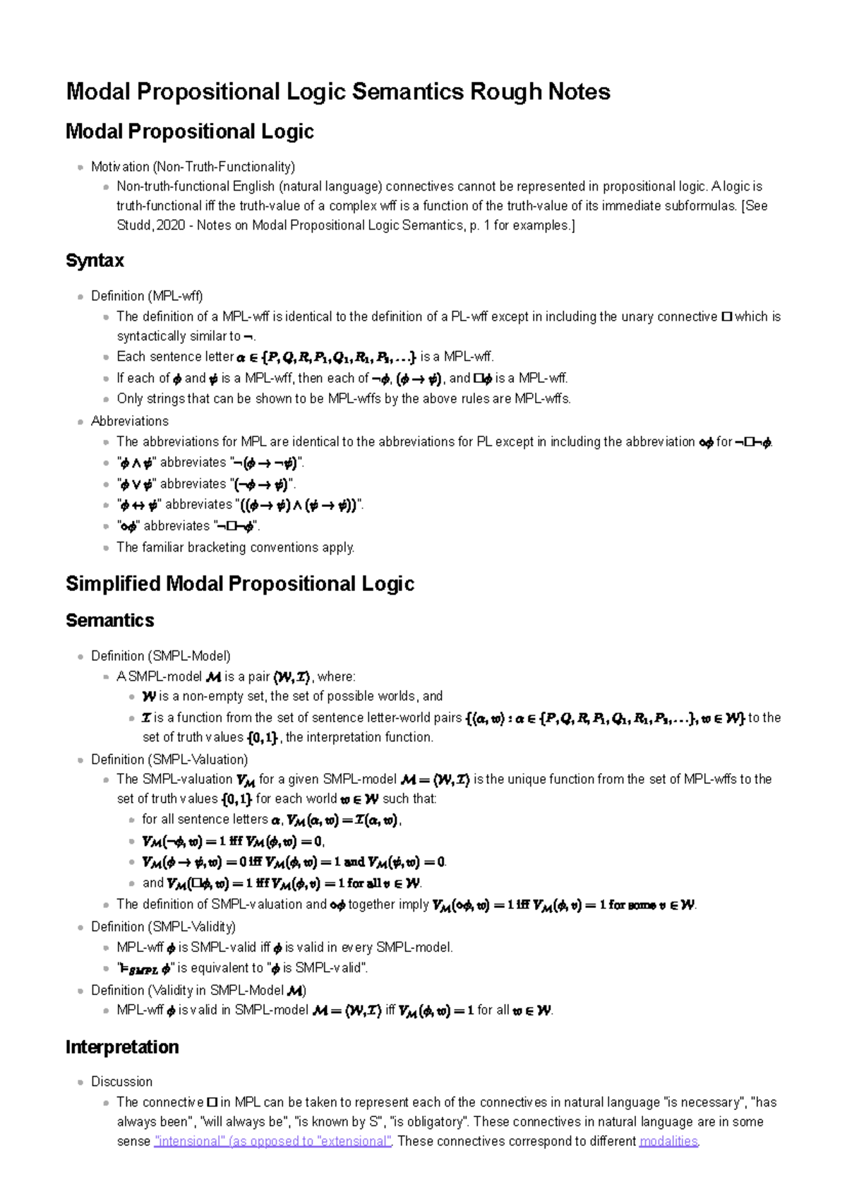 230725 Modal Propositional Logic Semantics Final Notes - Studocu