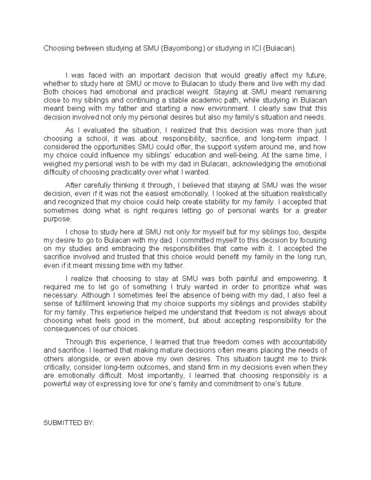 CFE Essay: Choosing Between SMU and ICI for My Future - Studocu