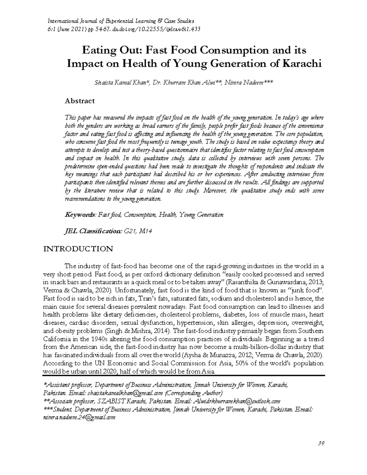 **Impact of Fast Food Consumption on Youth Health in Karachi: A Study ...